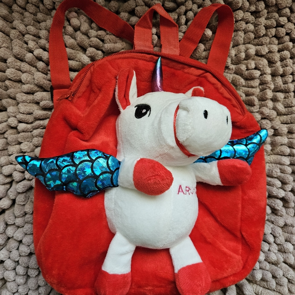 ARUBA Plush Red Mini Backpack with White Unicorn, Shiny Blue Wings-Kids,Toddler